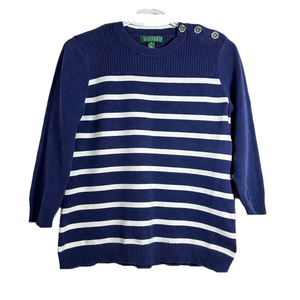 Lauren Ralph Lauren Nautical Navy Breton Stripe Button Detail Crew Sweater M